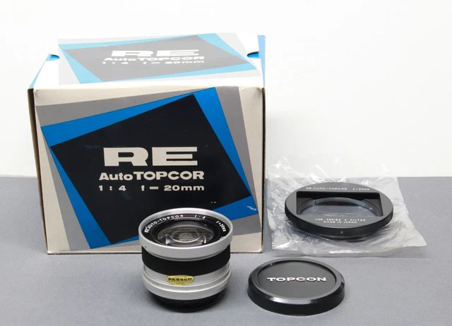 Tokyo Kogaku RE Auto Topcor 20mm f/4 Wide Angle Lens w/ Filter Hood & Box
