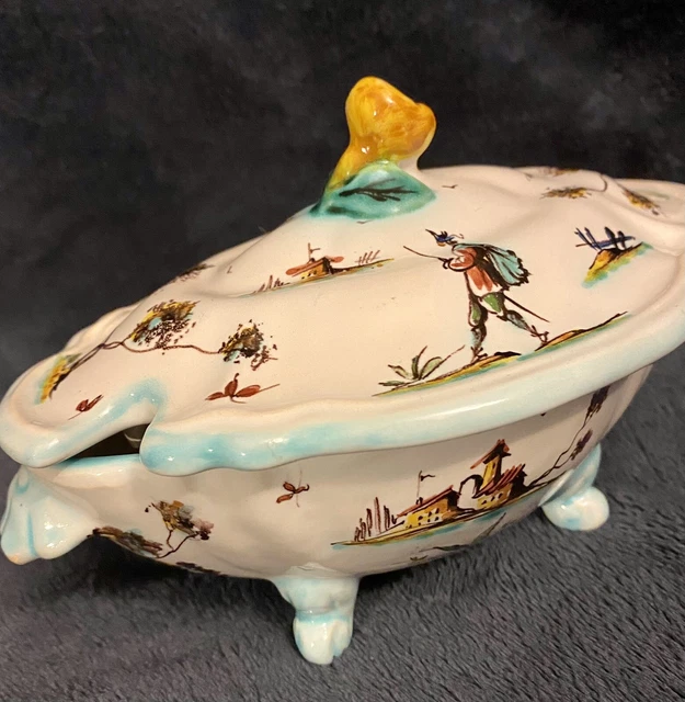 1800s Italian Majolica Covered Bowl Figures Landscape 7.5”D Italy