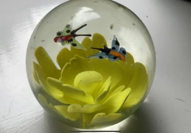 Vintage Chinese Art Glass  Orchid & Butterflies  Paperweight