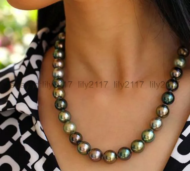 AAA stunning 10-11mm Tahitian natural round multicolor pearl necklace 18 Inches