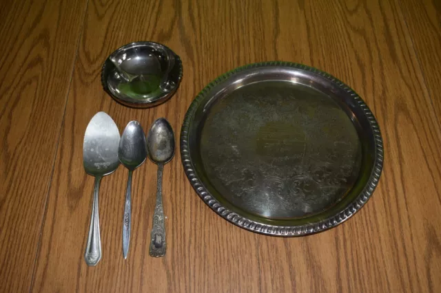 Silver Plate/Nickel Silver LOT of 5 Spoons, Candle Holder, Anniversary Tray