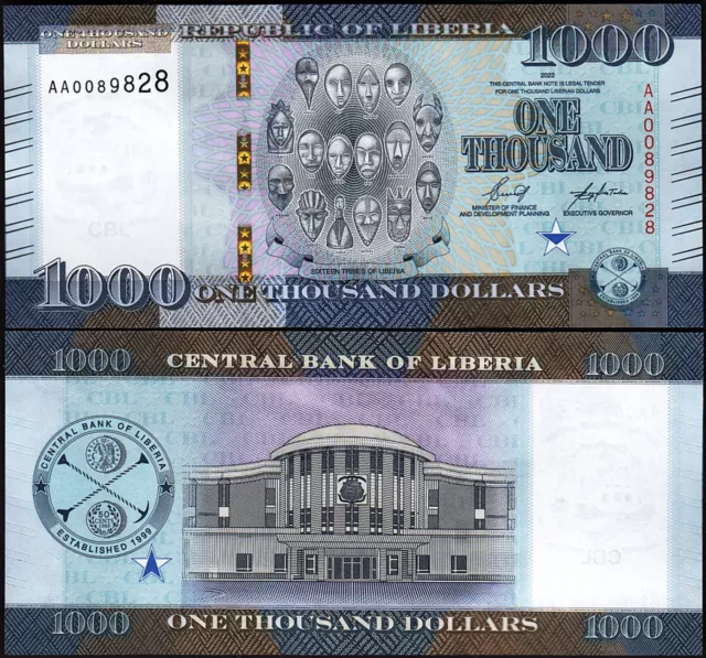 Liberia 1000 Dollars 2022 2023, UNC, P-NEW DESIGN, Prefix AA