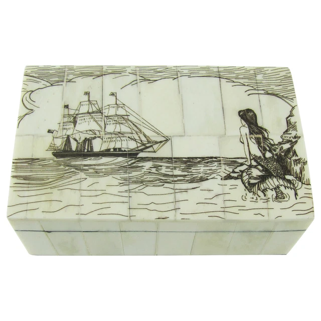 Fake Reproduction Scrimshaw Art Bone Mermaid Nautical Jewelry Box Treasure Chest