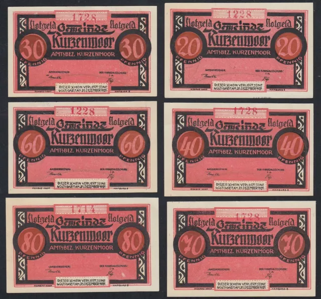 6x Kurzenmoor: 20, 30, 40, 60, 70 + 80 Pfennig - bis 31.12.1921 (751.1a)