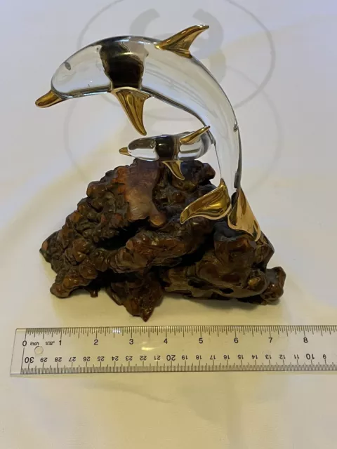 Glass Baron Three Dolphin Figurine on Burl Wood w/22k Gold Accents