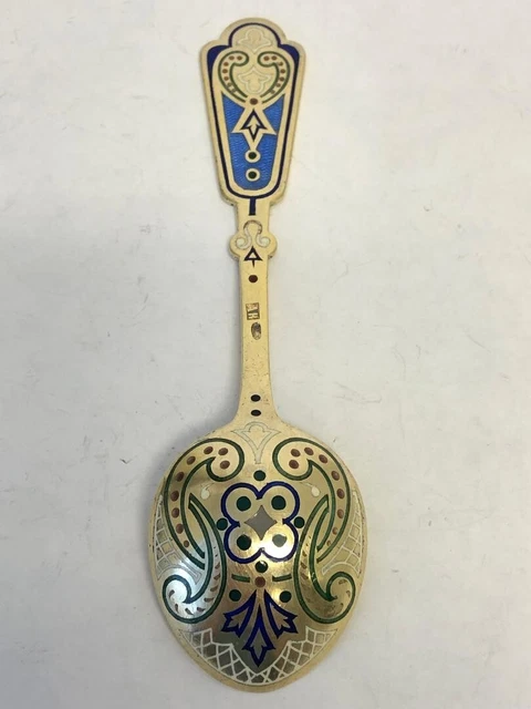 Antique Russian silver 84 champleve & plique-a-jour enamel spoon Antip Kuzmichev