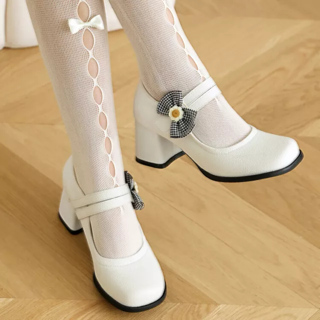 Girls Shoes High Chunky Heels Faux Leather Shoes Buckle Bows Shoes Spring Pumps