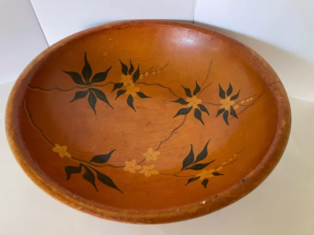 vtg. LARGE 13.5 inch Munising hand painted apple blossom footed wood dough bowl