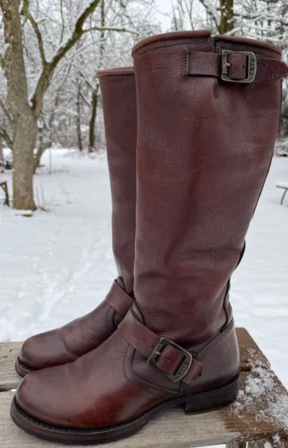 Women’s FRYE 77613 “Veronica”(6.5-B) Tall Brown Leather Riding Moto Boots