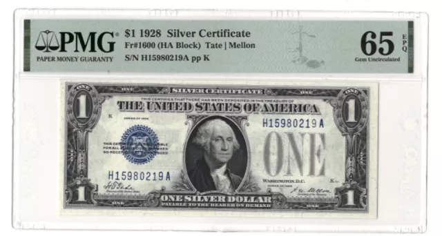 1928 $1 Silver Certificate Fr-1600 (Ha Block) Pmg Gem Uncirculated 65 Epq