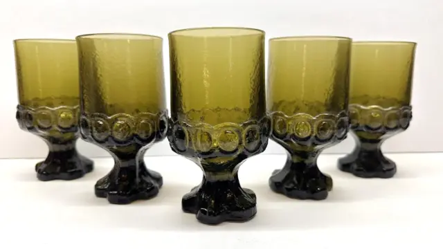 Vintage Set Of 5 Olive Green Glass Tiffin Franciscan Madeira 8 Oz Goblets