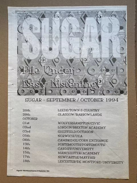 SUGAR SEPTEMBER OCTOBER 1994 TOUR POSTER SIZED original music press advert from