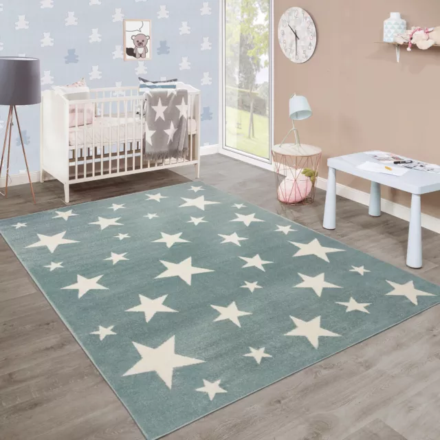 Moderner Kurzflor Kinderteppich Sternendesign Kinderzimmer Pastell Türkis Weiß