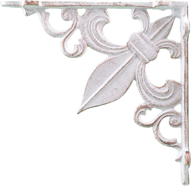 Wall Shelf Bracket Cast Iron Brace Fleur De Lis Distressed White 7.38"