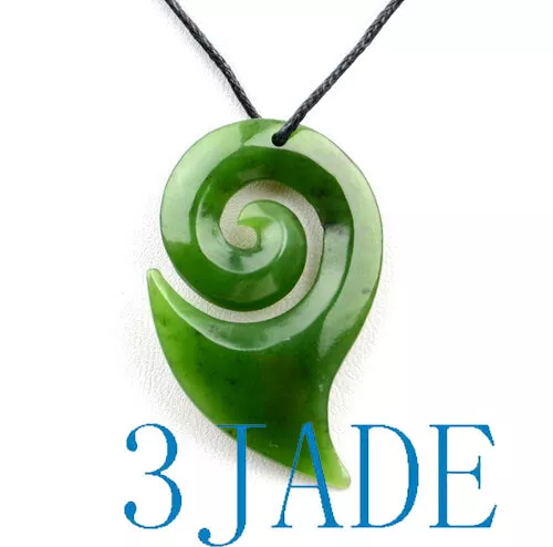 Natural Green Nephrite Jade Koru / Swirls Amulet Pendant NZ Maori Style Carving