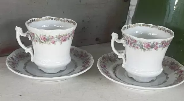 2- Antique Carl Tielsch CT Demitasse Tea Cups & Saucer Pink Floral Gold Germany