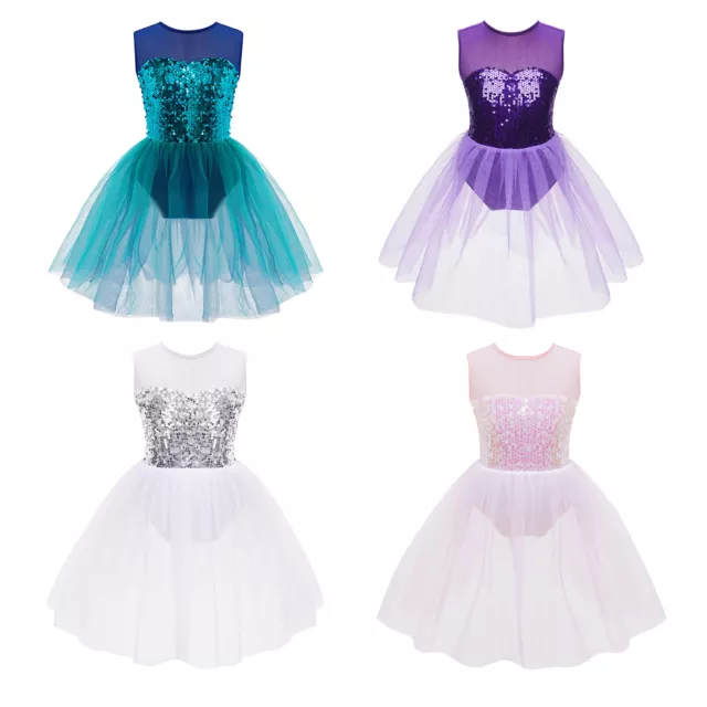 Kids Girls Mermaid Dance Leotard Dress Sequin Mesh Tutu Ballet Dancewear Costume