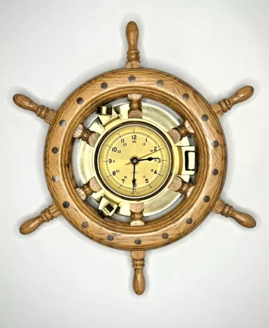 Vintage Nautical Porthole Ship Wheel Wall Clock Heavy Wood & Brass 13”