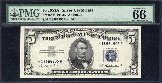 1953A $5 Star Note PMG 66 EPQ Silver Certificate FR 1656* GEM Uncirculated 1953