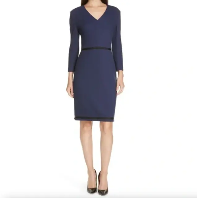 Hugo Boss Hemio Textured Sheath Dress Navy Size 6 Long Sleeve Work Office Career