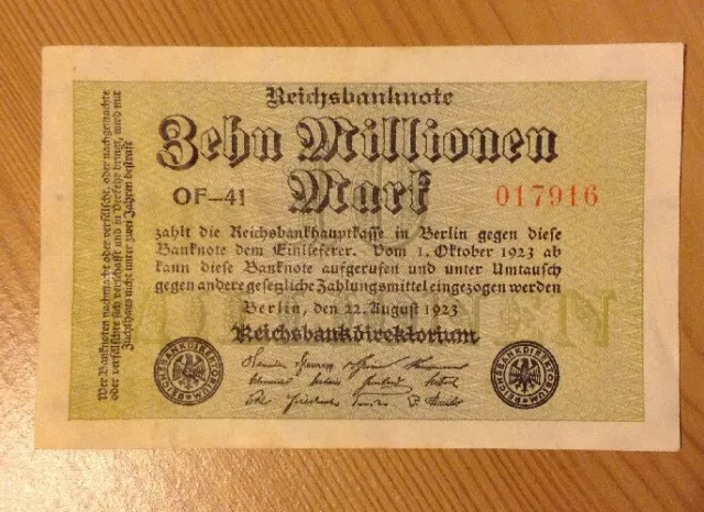 German Vintage Banknote. 10 Million Mark. Dated 1923. Reichsbanknote. Germany.