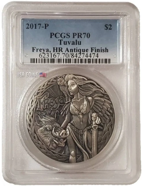2017 1 Oz Silver $2 Tuvalu FREYA PCGS PR70 High Relief Antique Finish Coin.