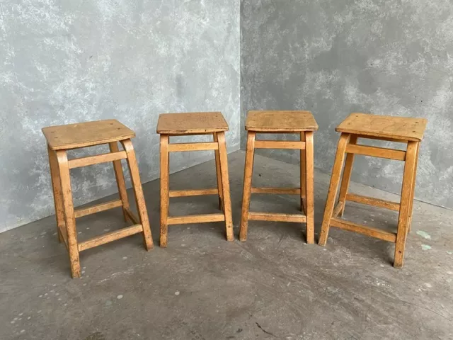 Set of 4 Old Reclaimed Wooden Waxed Stools-School Chair-Wooden Seat-Bar Stool 2