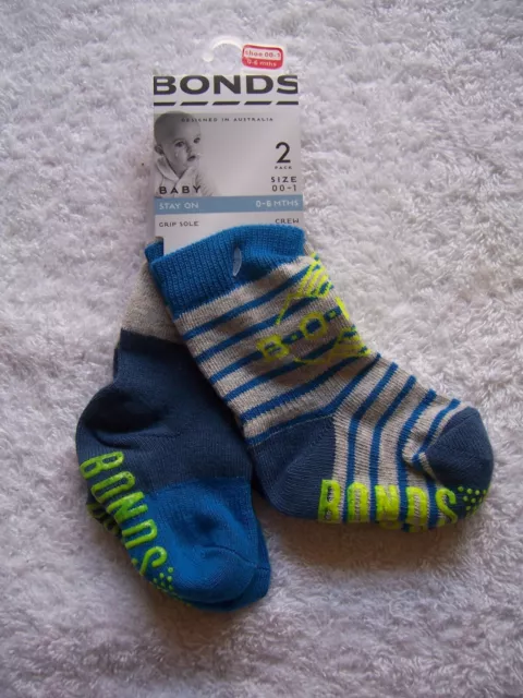 BNWT Baby Boy's Bonds 2 Pack Blue, Grey & Yellow Cotton Socks Size 00-1 0-6 M