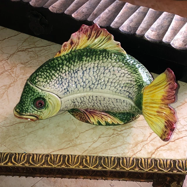 Vintage Italy Majolica Pottery Hand Painted Fish Bowl with Lid UNICA Ceramiche