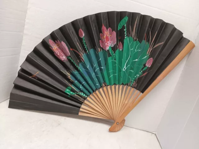 Vintage Hand Painted 6" X 25" Asian Bamboo Fan