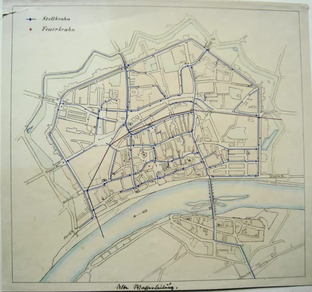 Frankfurt Main Stadtplan der alten Wasserleitung echte alte Zeichnung ca. 1850