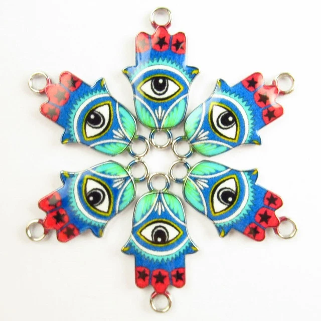 6Pcs Red Blue Enamel Tibetan Silver Evil Eye Hand Pendant Bead PJ2925