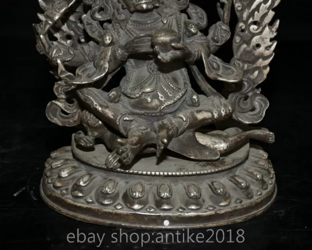9.2 " Old Tibet Buddhism Silver Mahakala Wrathful Deity Buddha Lotus Statue 3