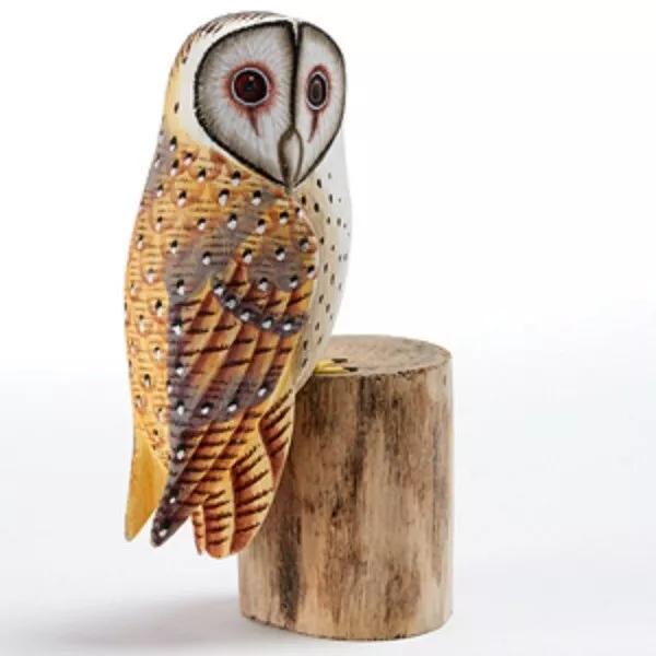 Barn Owl Hand Carved Painted Bird Wood Log Tree Stump Wooden Figure Ornament