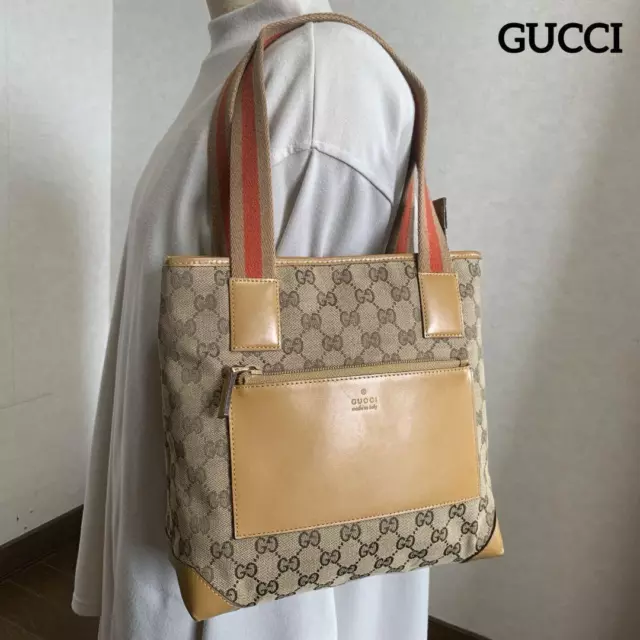 GUCCI Sherry Tote Bag Shoulder Handbag GG Canvas Leather Brown Authentic MBa0569