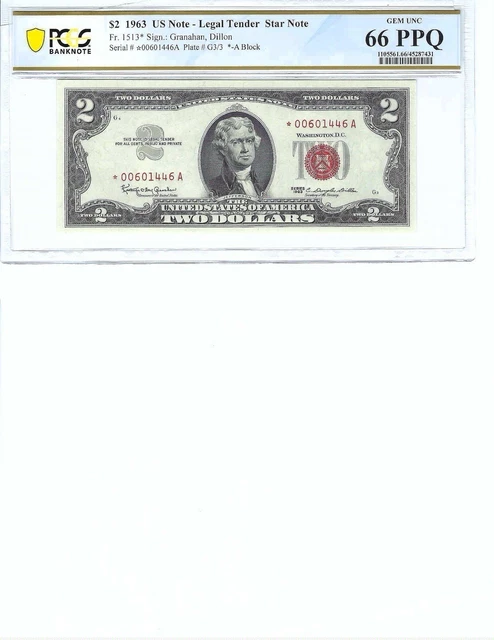 1963 $2 Legal Tender FR1513* PCGS Bnk 66 Gem PPQ, Star Note!!!