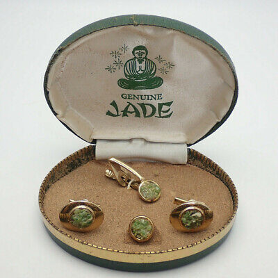Vintage Genuine Jade Chips Cuff Link Tie Tack & Bar Set In Original Box