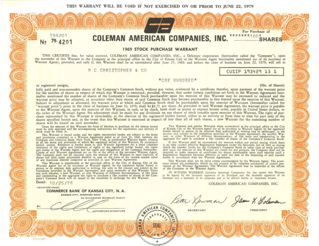 Coleman American Companies, Inc. 1978 old stock certificate share