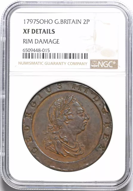 GREAT BRITAIN. George III, Huge Cartwheel Twopence, 1797, NGC XF Details