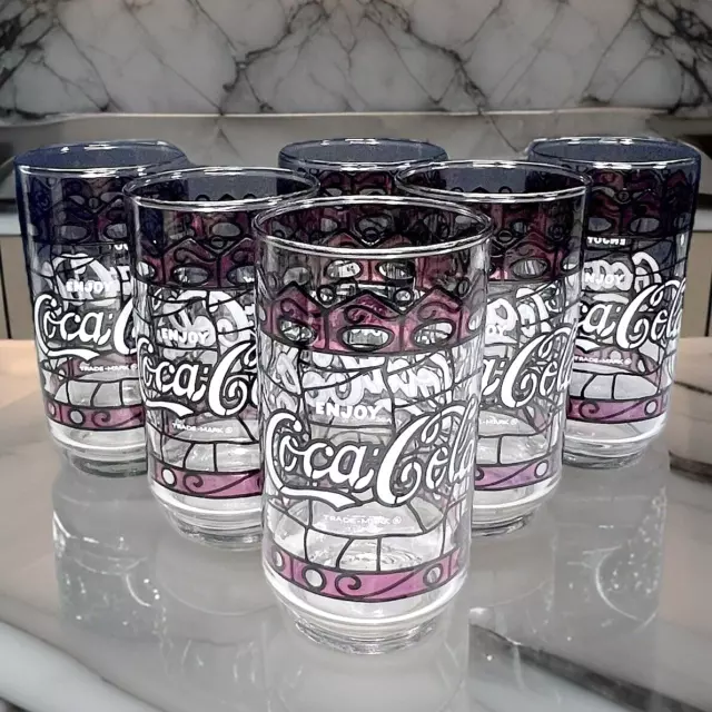 Vintage Coca-Cola Tiffany Style Stained Glass Drinking Glasses Tumblers Set Of 6