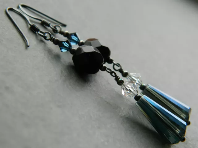 Vintage French Jet, Swarovski & Grey Blue Crystal & Oxidised 925 Silver Earrings