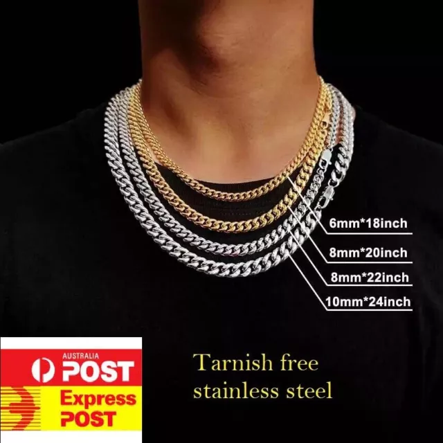 Gold or Silver Curb Cuban Chain Necklace for Men Women, Basic Stainless Steel