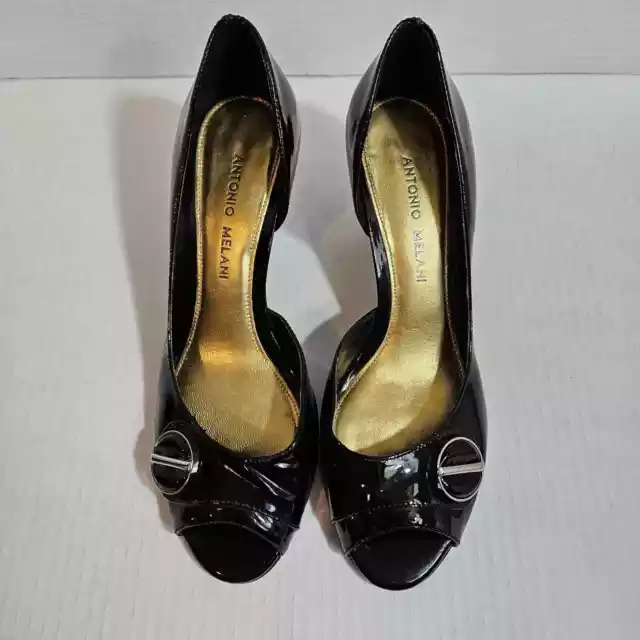 Antonio Melani Womens Dorsay Black Patent Leather Peep Toe Heels Size 6.5