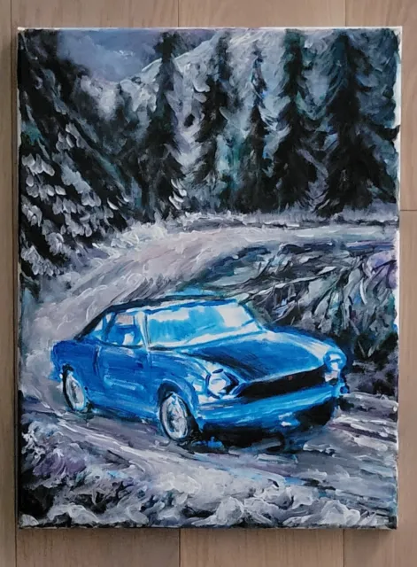 Art Original Painting FIAT Blue Sport Car Driving In Woods Handmade Signed Kravt