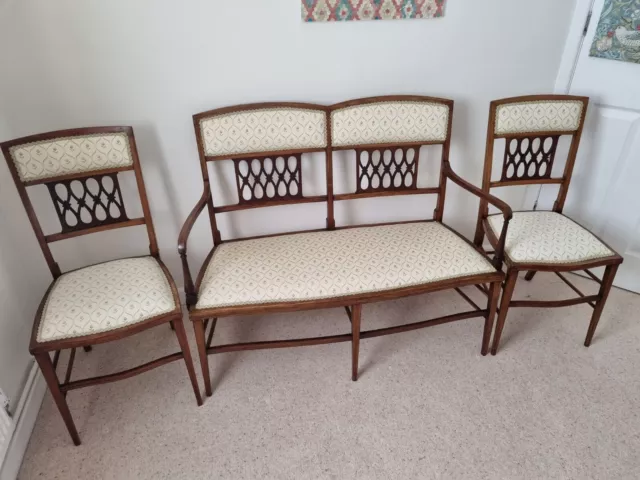 Antique edwardian 3 piece mahogany parlour suite settee with 2 chairs