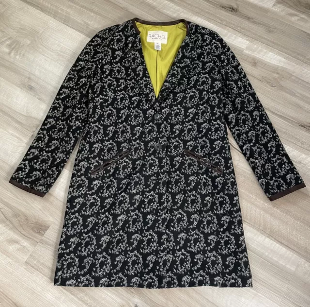 Rachel Roy Long Black Print Button Coat Women’s Size L~Bright Lining