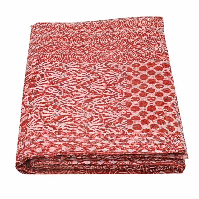 Beautiful Red Patchwork Bedcover Blanket 2PC Cotton Kantha Quilt With 2PC Pillow