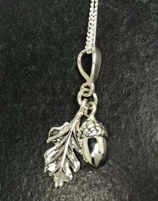 Acorn oak leaf pendant necklace, solid Sterling Silver, new, gift box.