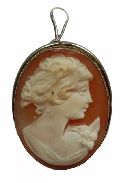 Antique Cameo Pendant Brooch Sterling Silver Frame 800