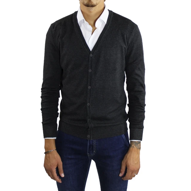 Cardigan Uomo Invernale Lana Slim fit Maglione Grigio Maglioncino